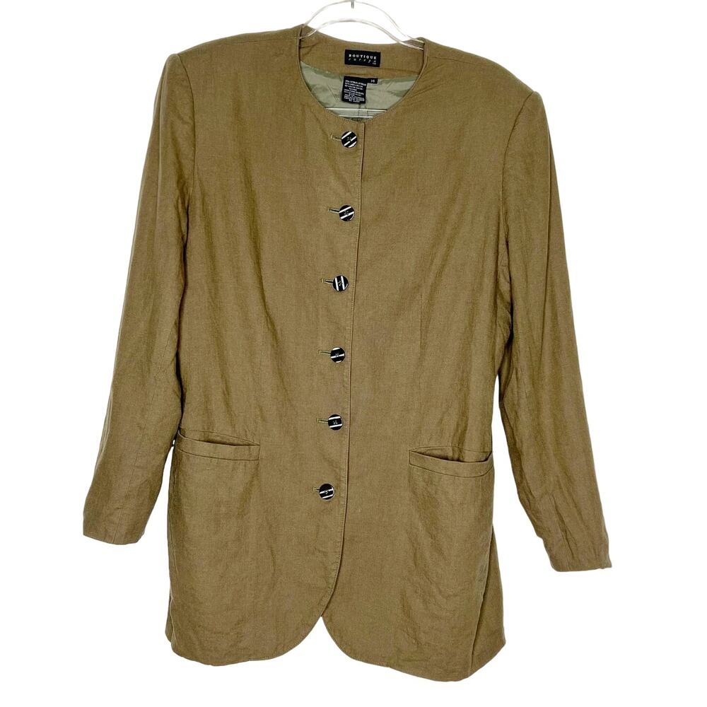 BOUTIQUE EUROPA Military Style Button Down Blazer Linen Blend Green Plus Size 14